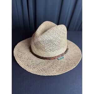 Chi-Chi straw hat with feather hat band. one size. made in the USA